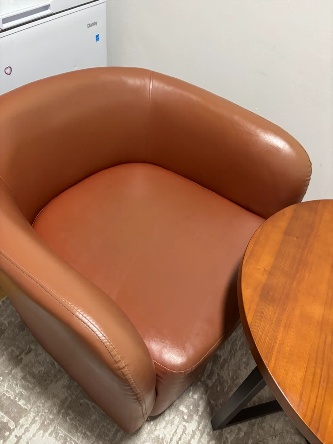 Two Brown Faux Leather Barrel Chairs with coffee table - photo 4