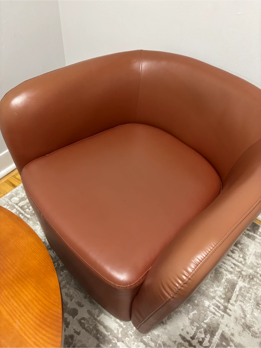 Two Brown Faux Leather Barrel Chairs with coffee table - photo 5