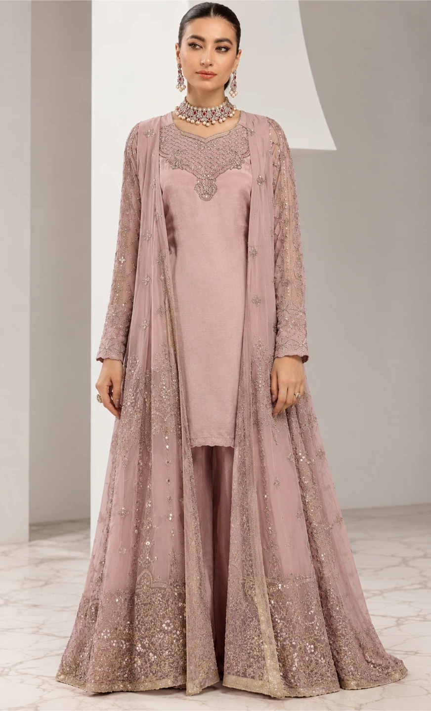Embroidered Pink Three-Piece Outfit