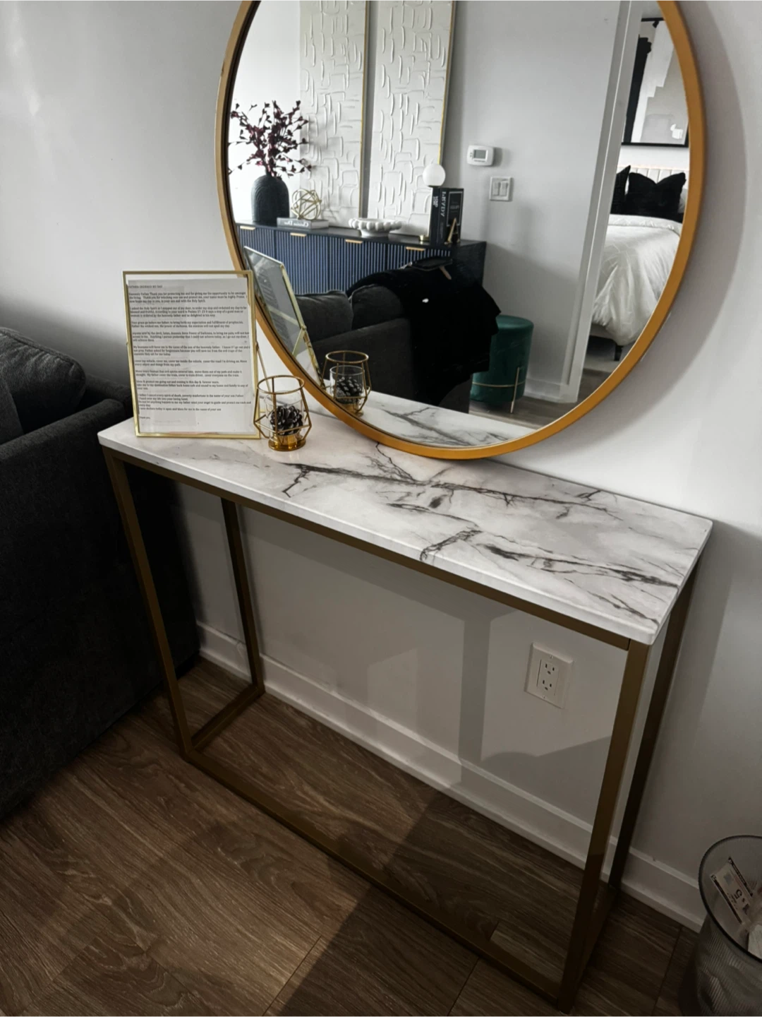 Marble Console Table and Gold Round Mirror