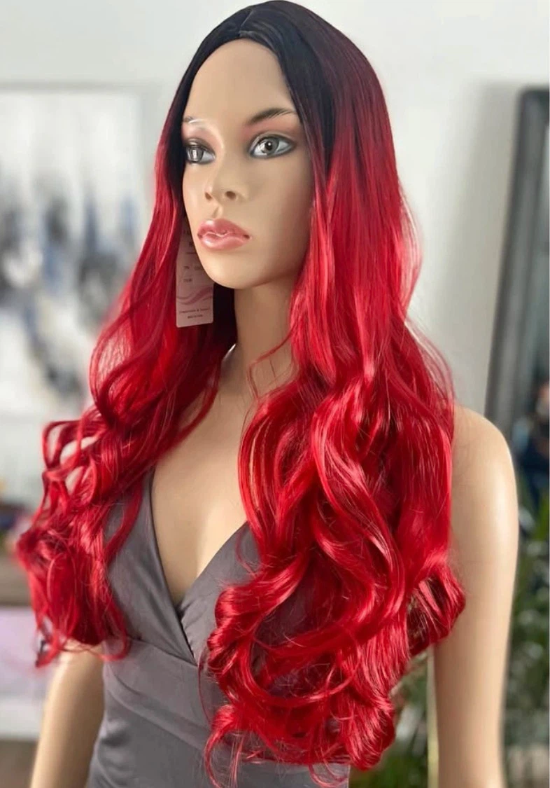 🏈 NEW Red Blk Ombré Long Curly Synthetic Wig no Bangs (2254)
