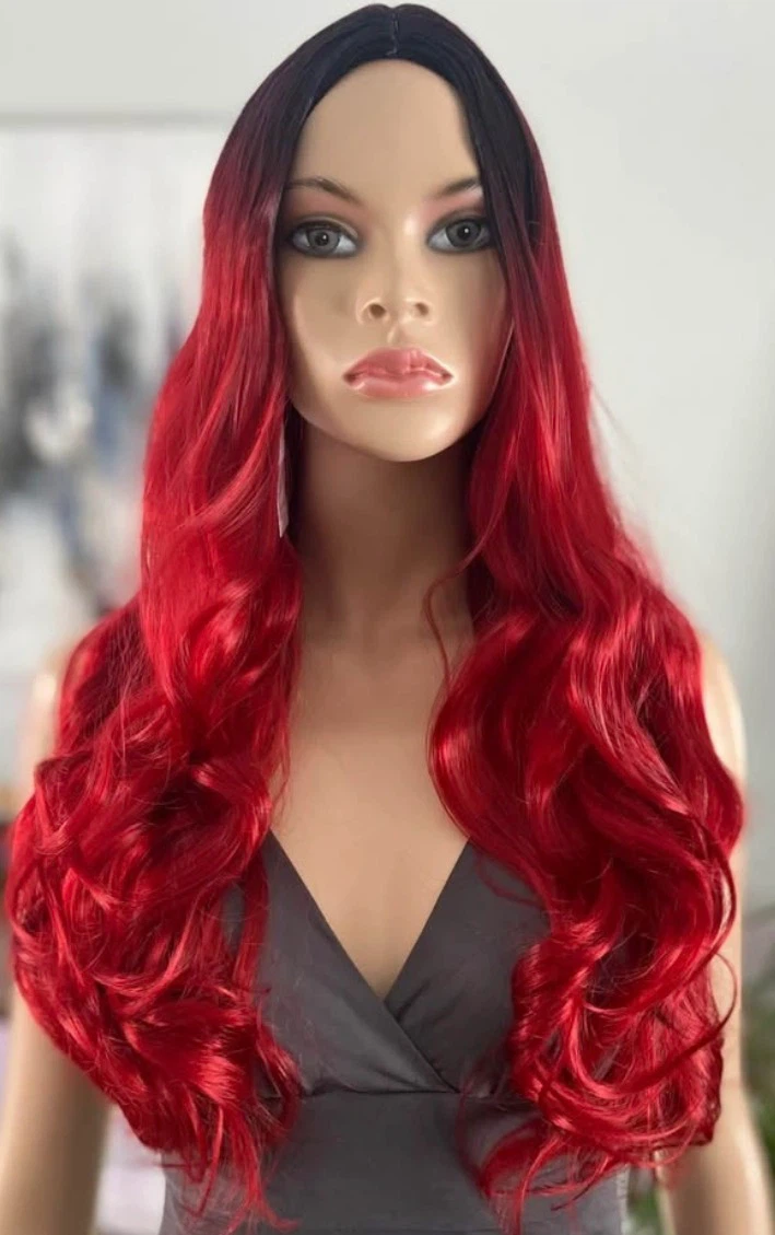 🏈 NEW Red Blk Ombré Long Curly Synthetic Wig no Bangs (2254) - photo 2