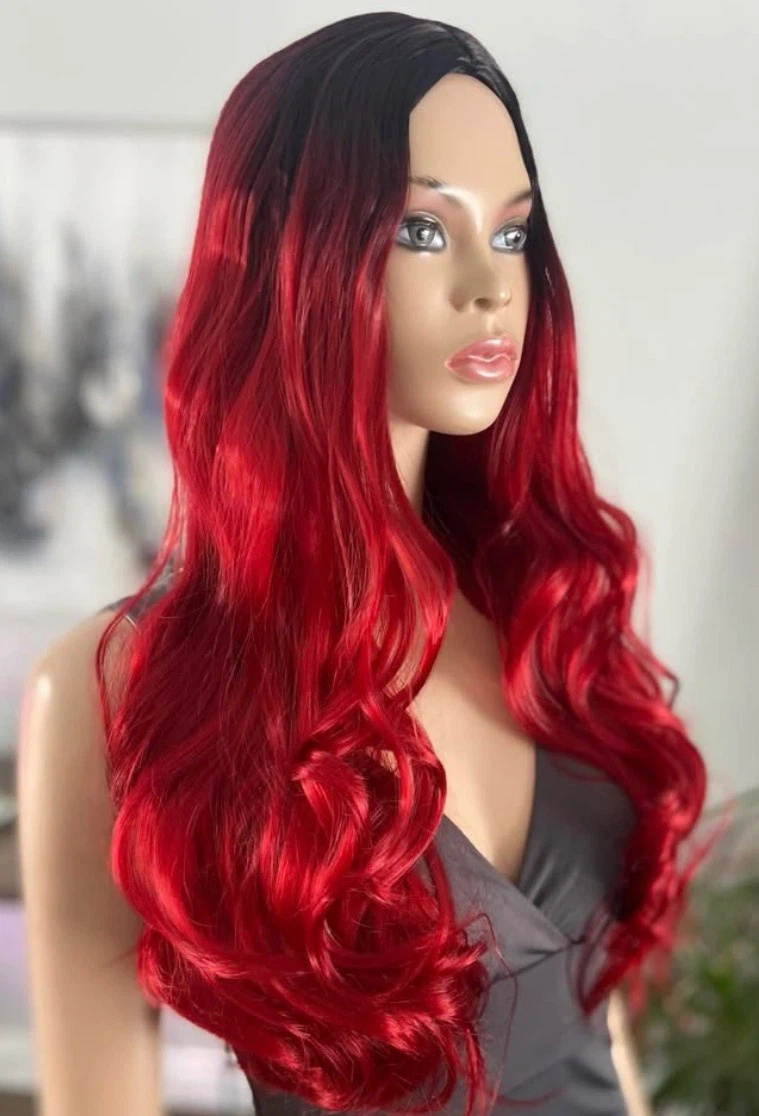 🏈 NEW Red Blk Ombré Long Curly Synthetic Wig no Bangs (2254) - photo 3