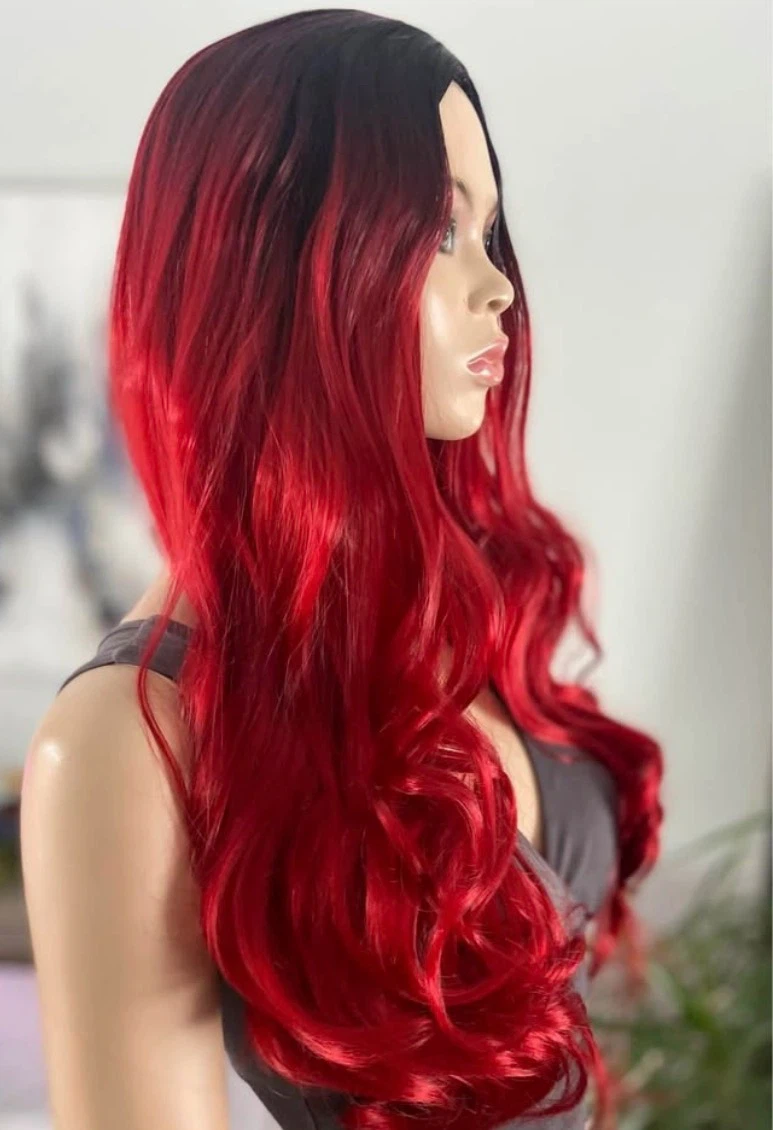 🏈 NEW Red Blk Ombré Long Curly Synthetic Wig no Bangs (2254) - photo 4