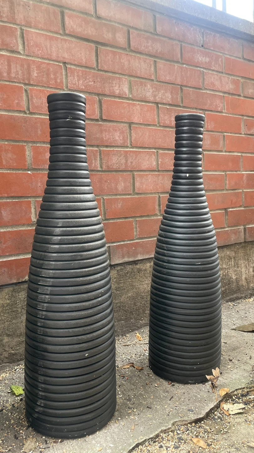 Set of Two Ribbed Black Decorative Vases