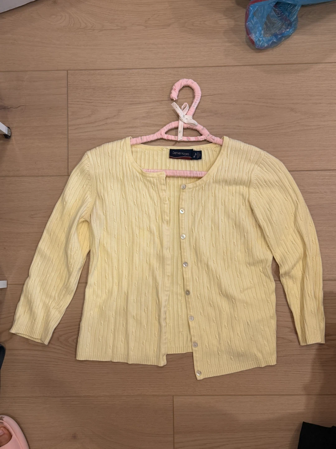 Denver Hayes yellow cable knit cardigan