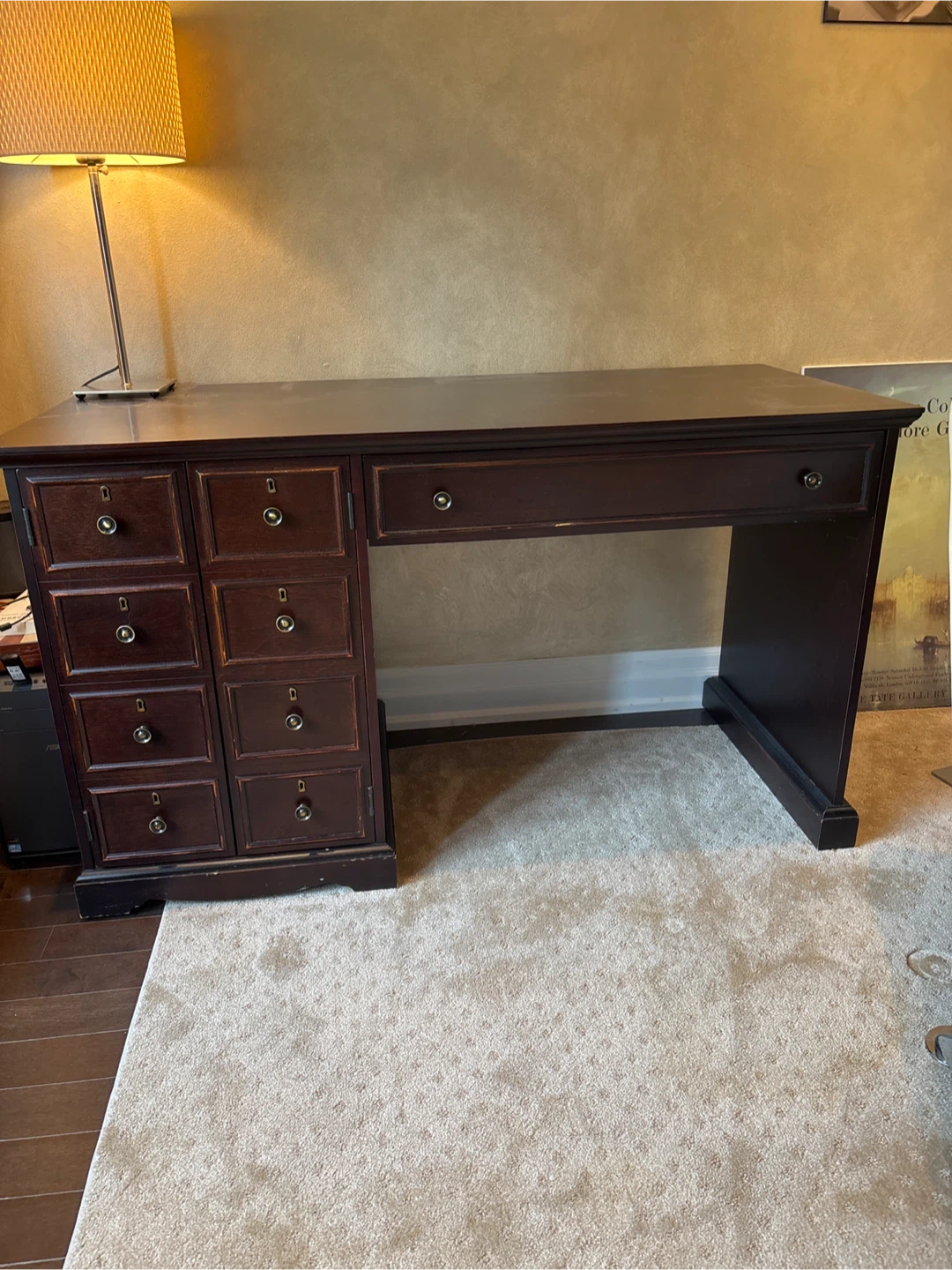 Dark Wood Writing Desk with Pull-Out Keyboard and Storage