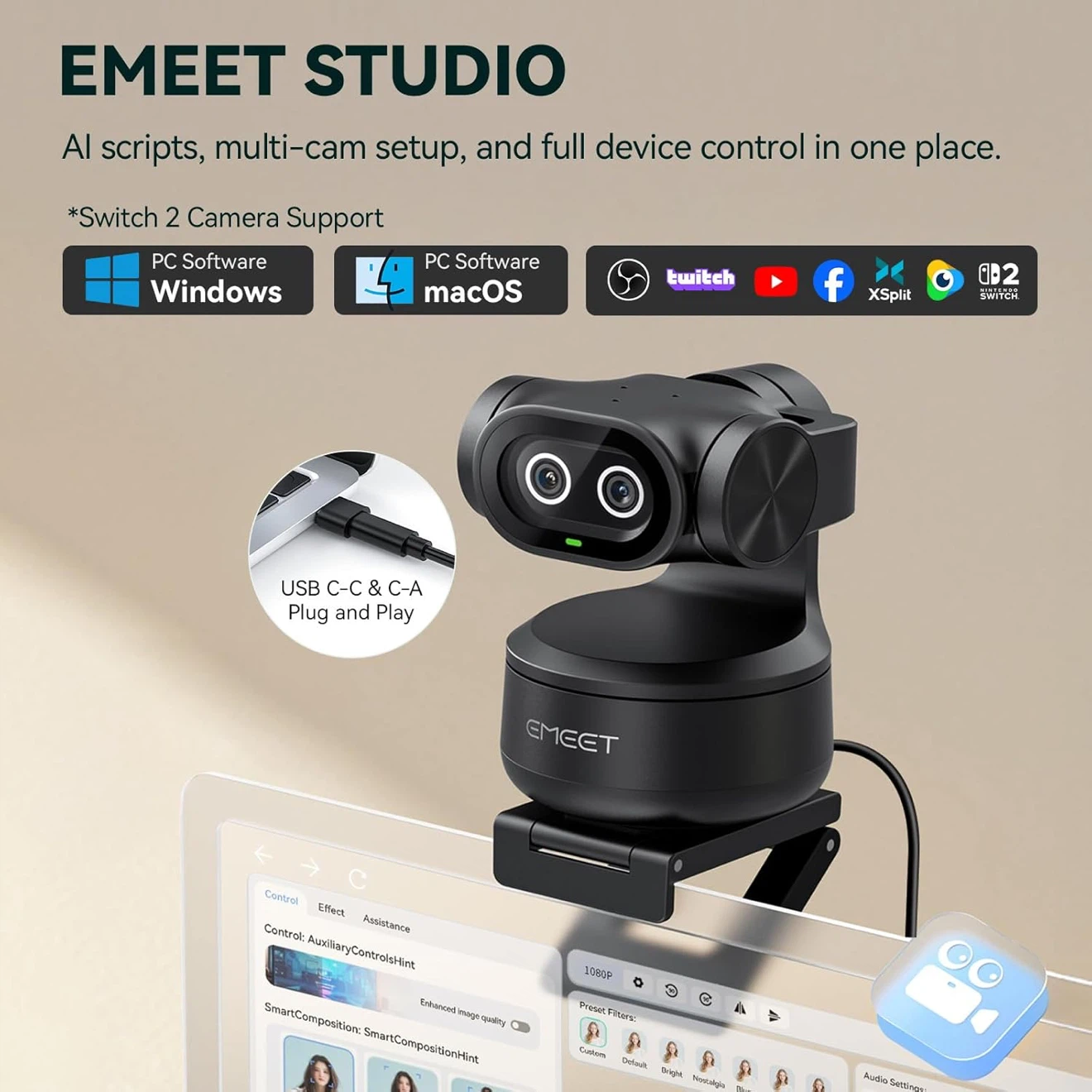 EMEET Pixy Dual-Camera PTZ 4K Webcam - photo 4