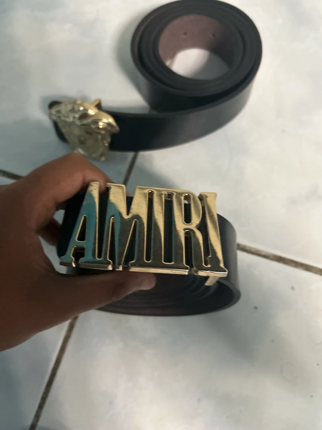 AMIRI black leather belt with gold logo buckle