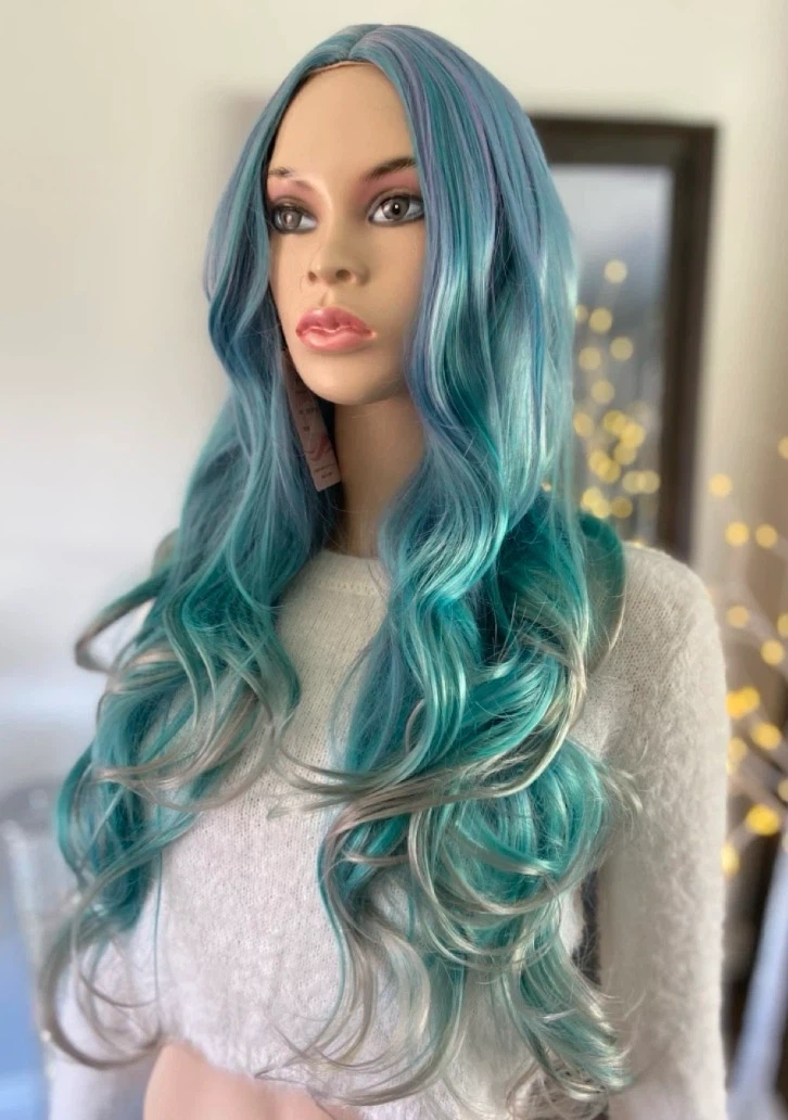 🏈 NEW Long Wavy Gradient Blue Purple Mermaid Synthetic Wig