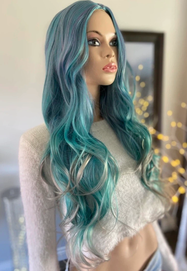 🏈 NEW Long Wavy Gradient Blue Purple Mermaid Synthetic Wig - photo 2