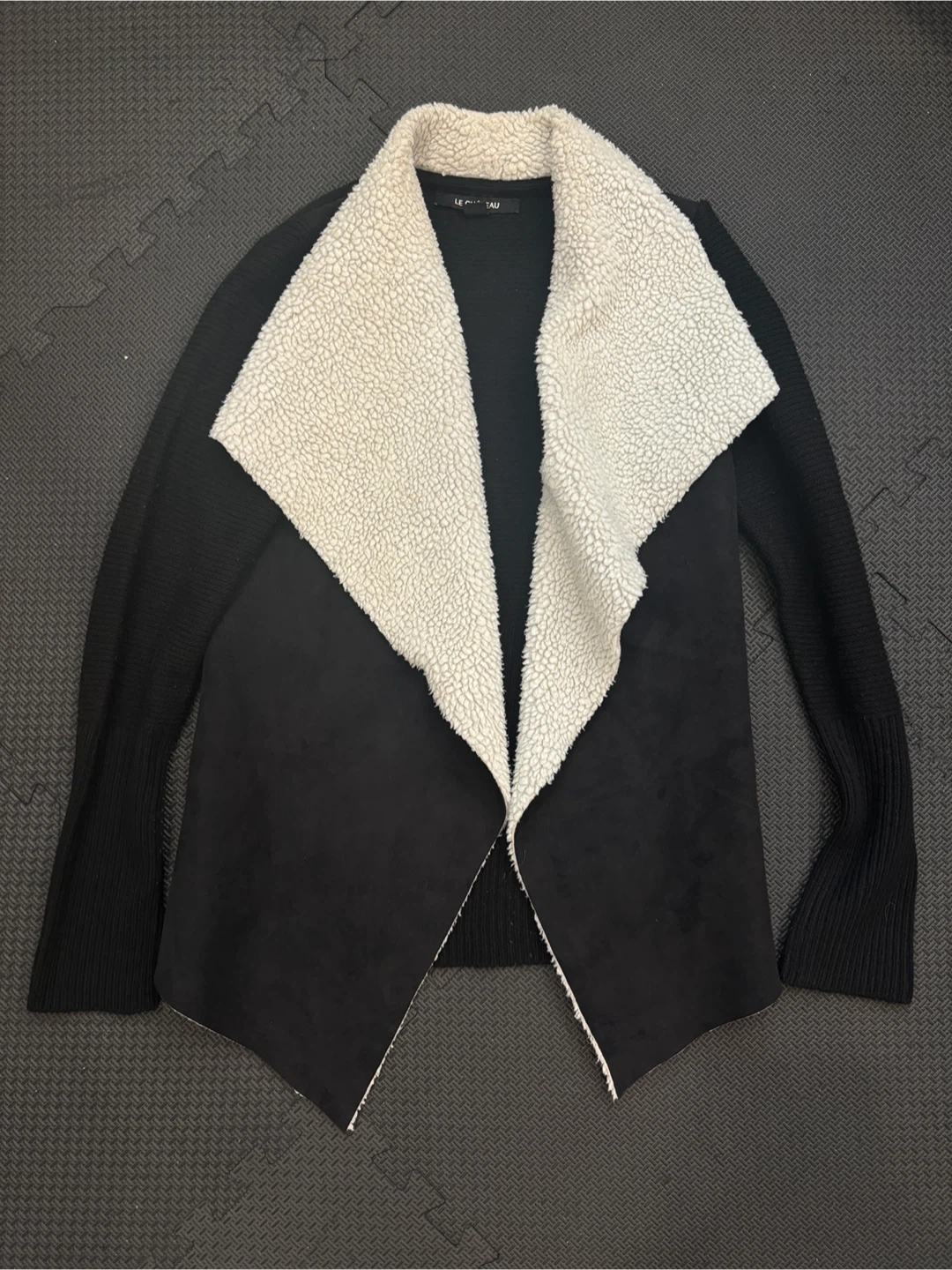 Le Chateau Black and Cream Faux Shearling Cardigan