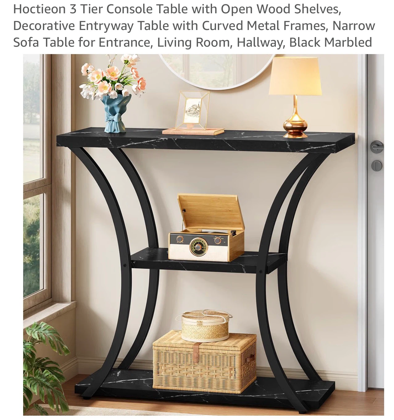 Hoctieon 3-Tier Console Table, Black Marbled