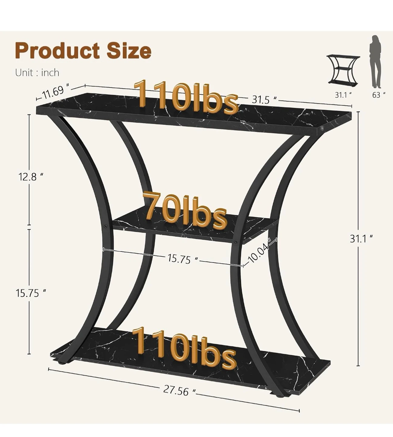 Hoctieon 3-Tier Console Table, Black Marbled - photo 2
