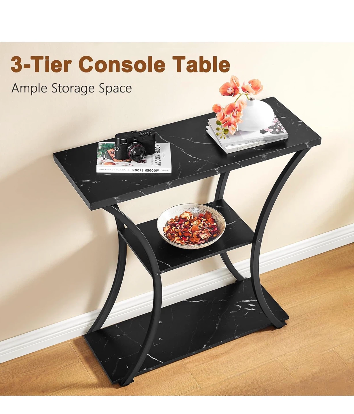 Hoctieon 3-Tier Console Table, Black Marbled - photo 3
