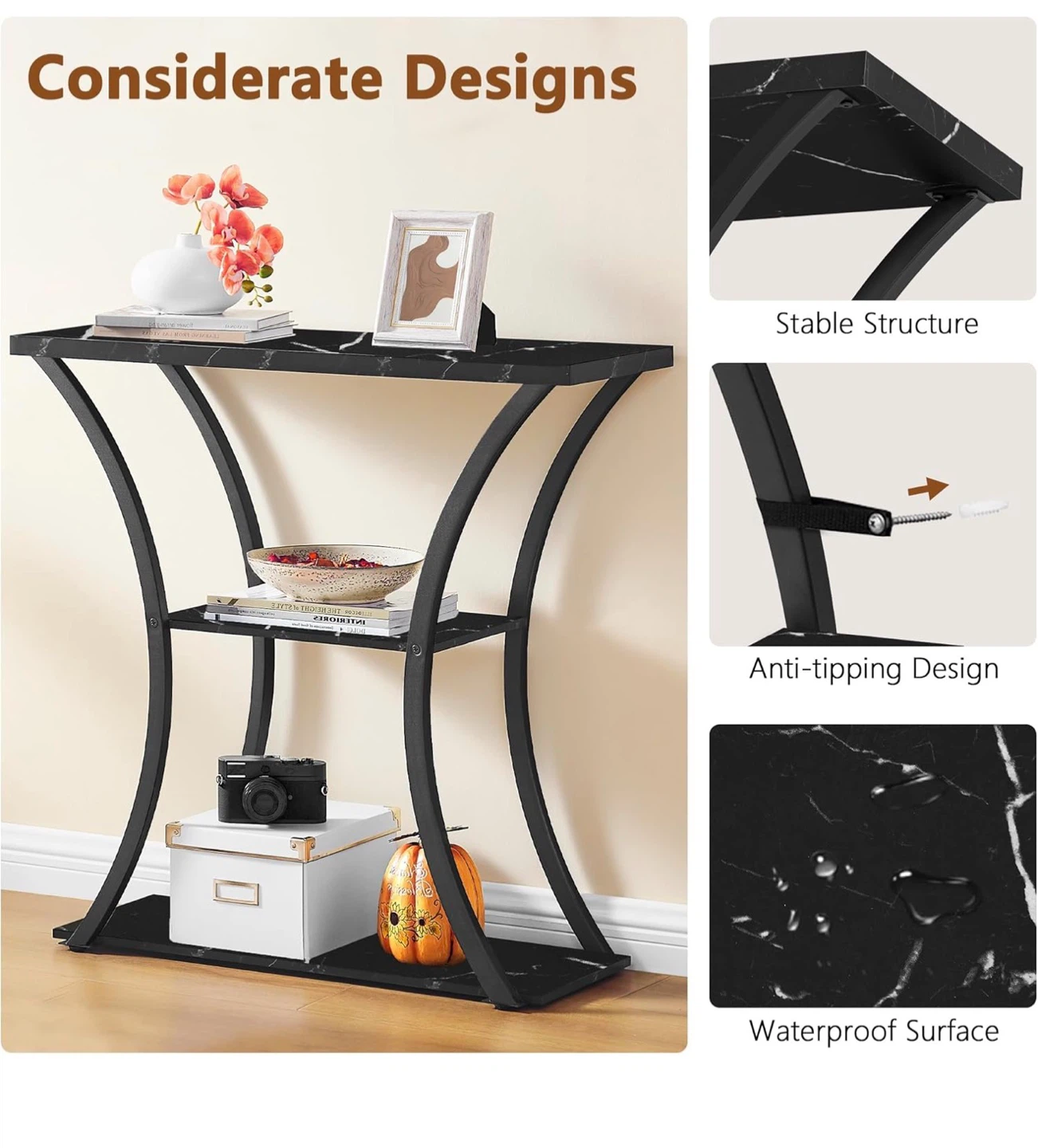 Hoctieon 3-Tier Console Table, Black Marbled - photo 5