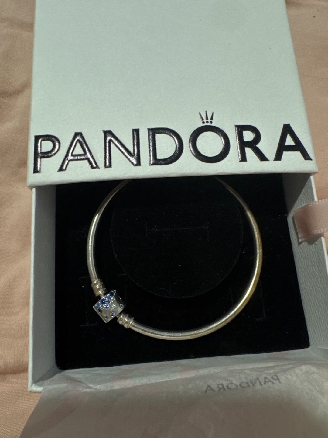 Pandora Silver Bangle with Blue Stone Charm