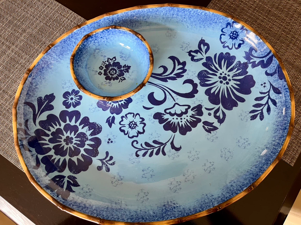 Blue Floral Serving Platter with Dip Bowl