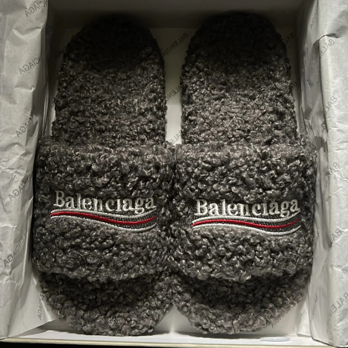 Balenciaga Grey Fur Slides - Size 10