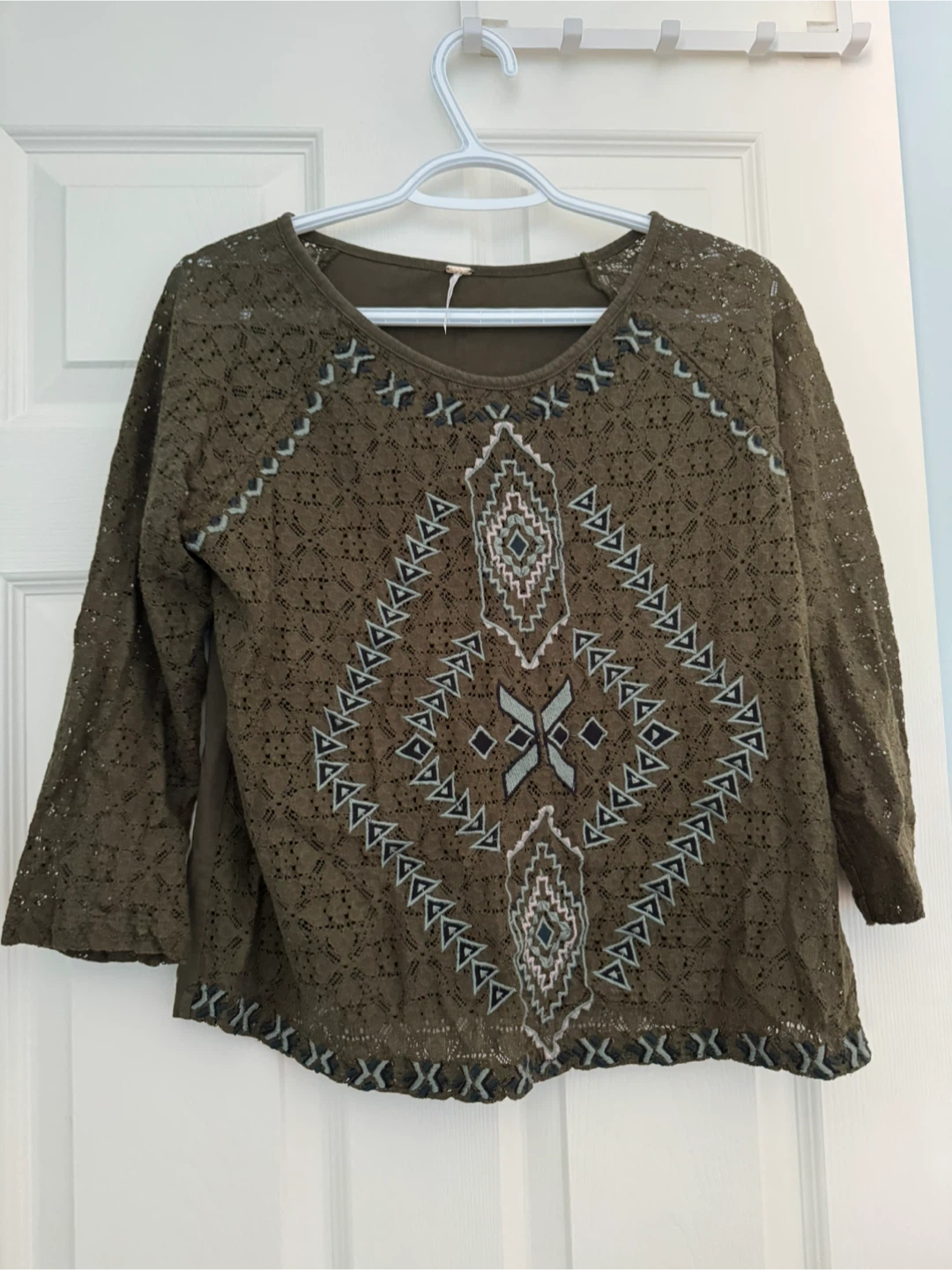 Free People Olive Green Embroidered Top 🏈