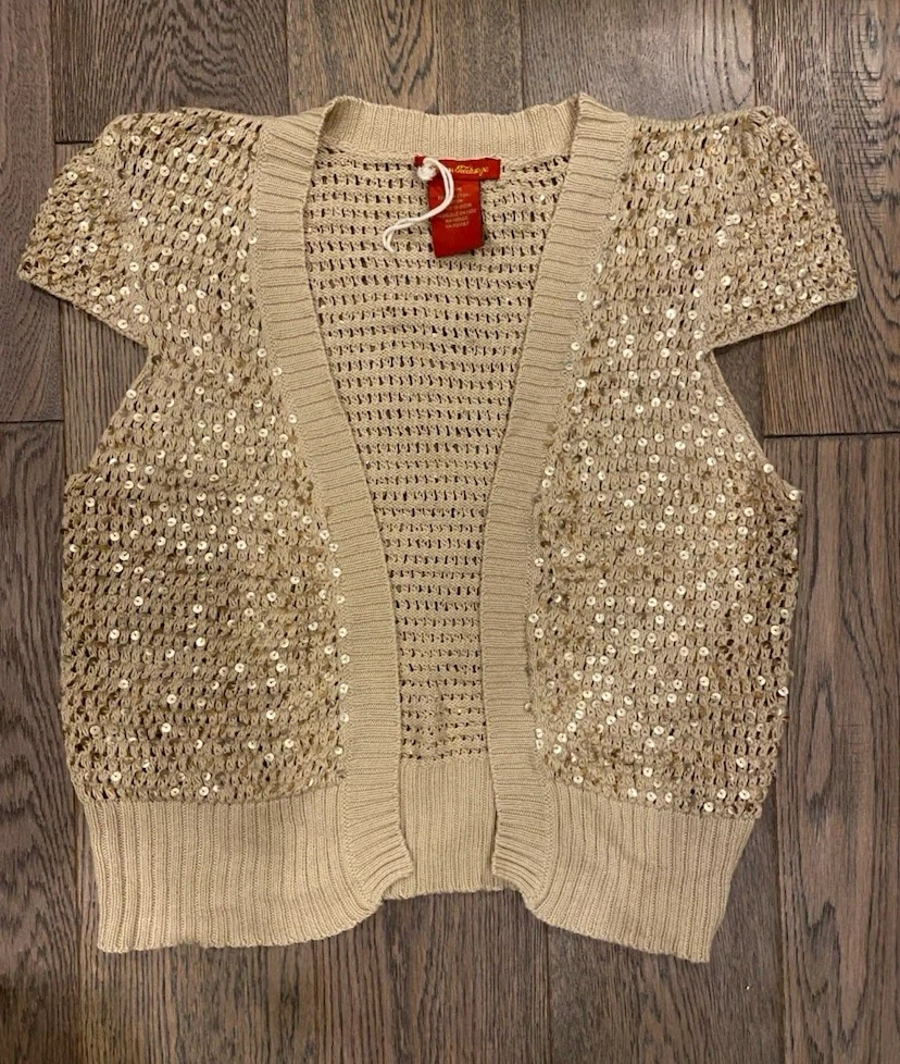 🏈 EUC American Exchange Gold Sequin Cap Sleeve Knit Shrug M 🏈