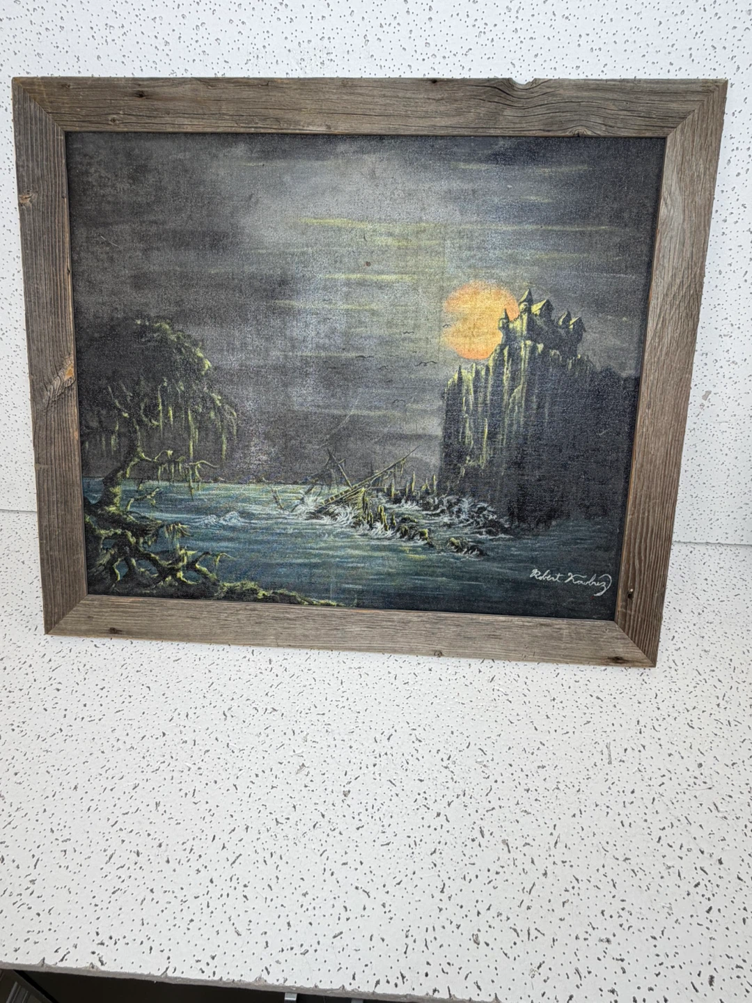 Vintage Signed Original Gothic Castle Moonlit Seascape Painting