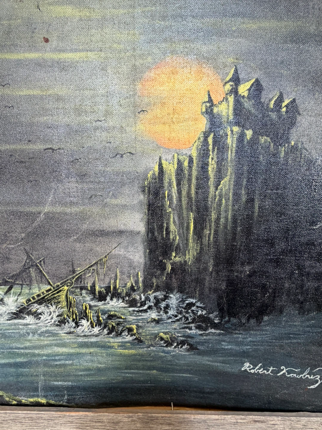 Vintage Signed Original Gothic Castle Moonlit Seascape Painting - photo 2