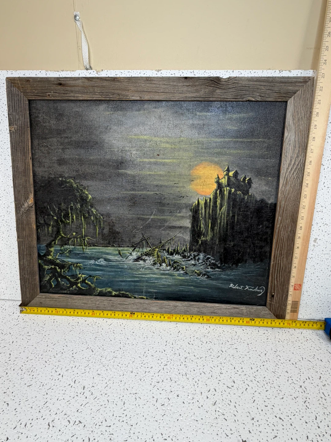 Vintage Signed Original Gothic Castle Moonlit Seascape Painting - photo 4