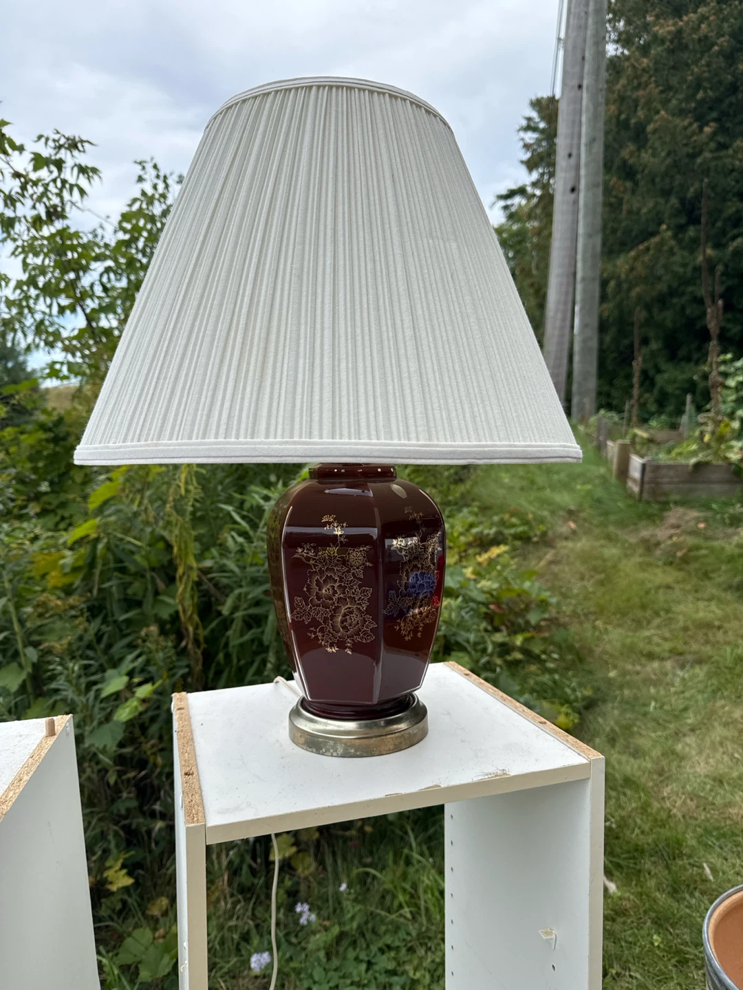 Vintage Maroon Ceramic Floral Table Lamp