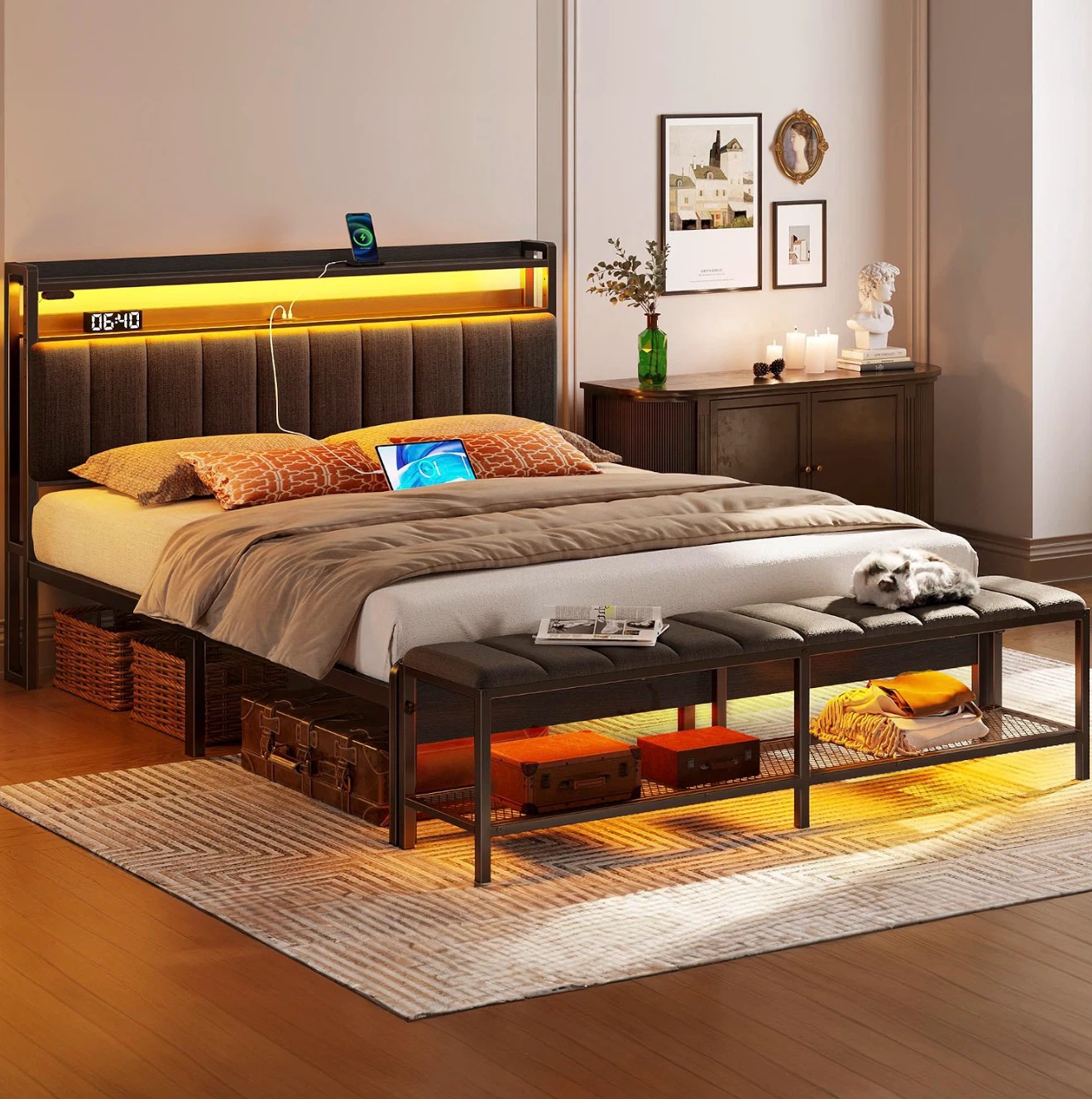 Rolanstar Queen LED Bed with Shoe Bench