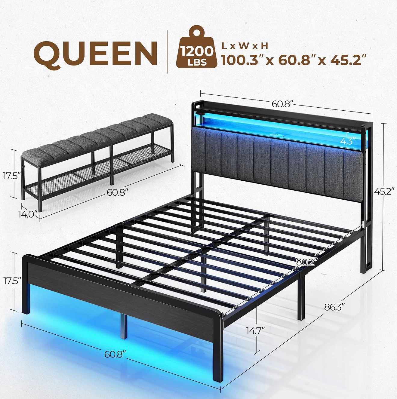 Rolanstar Queen LED Bed with Shoe Bench - photo 2