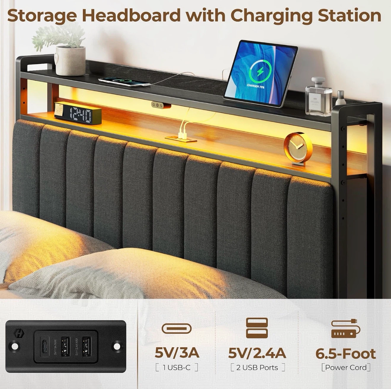 Rolanstar Queen LED Bed with Shoe Bench - photo 3