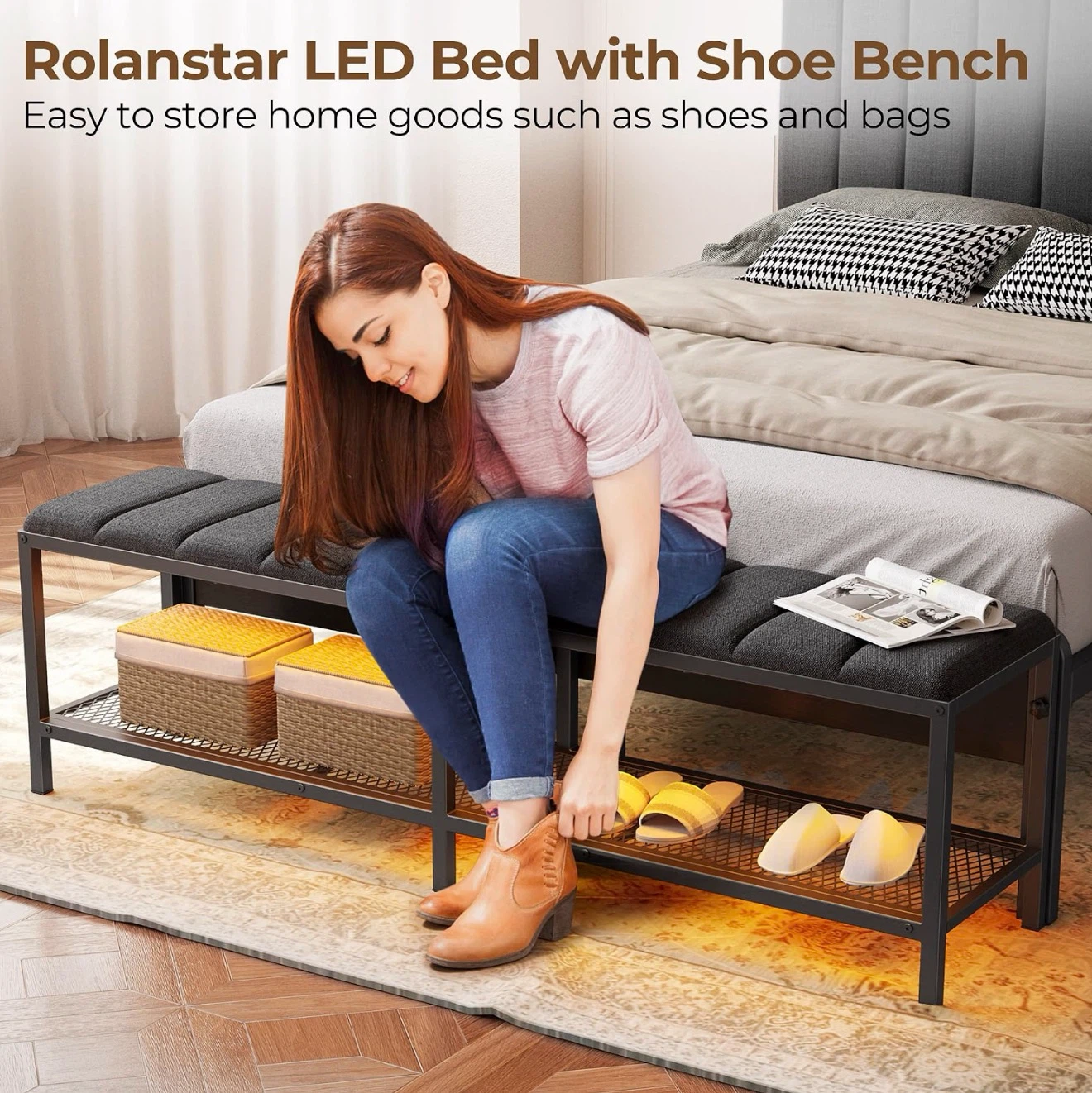 Rolanstar Queen LED Bed with Shoe Bench - photo 4