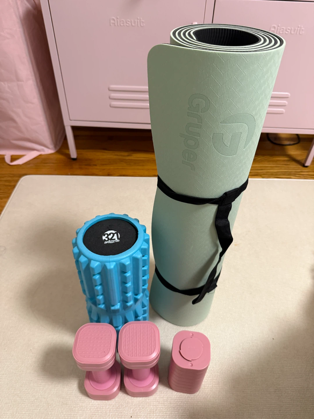 Gruper Yoga Mat, Foam Roller, and Dumbbell Set