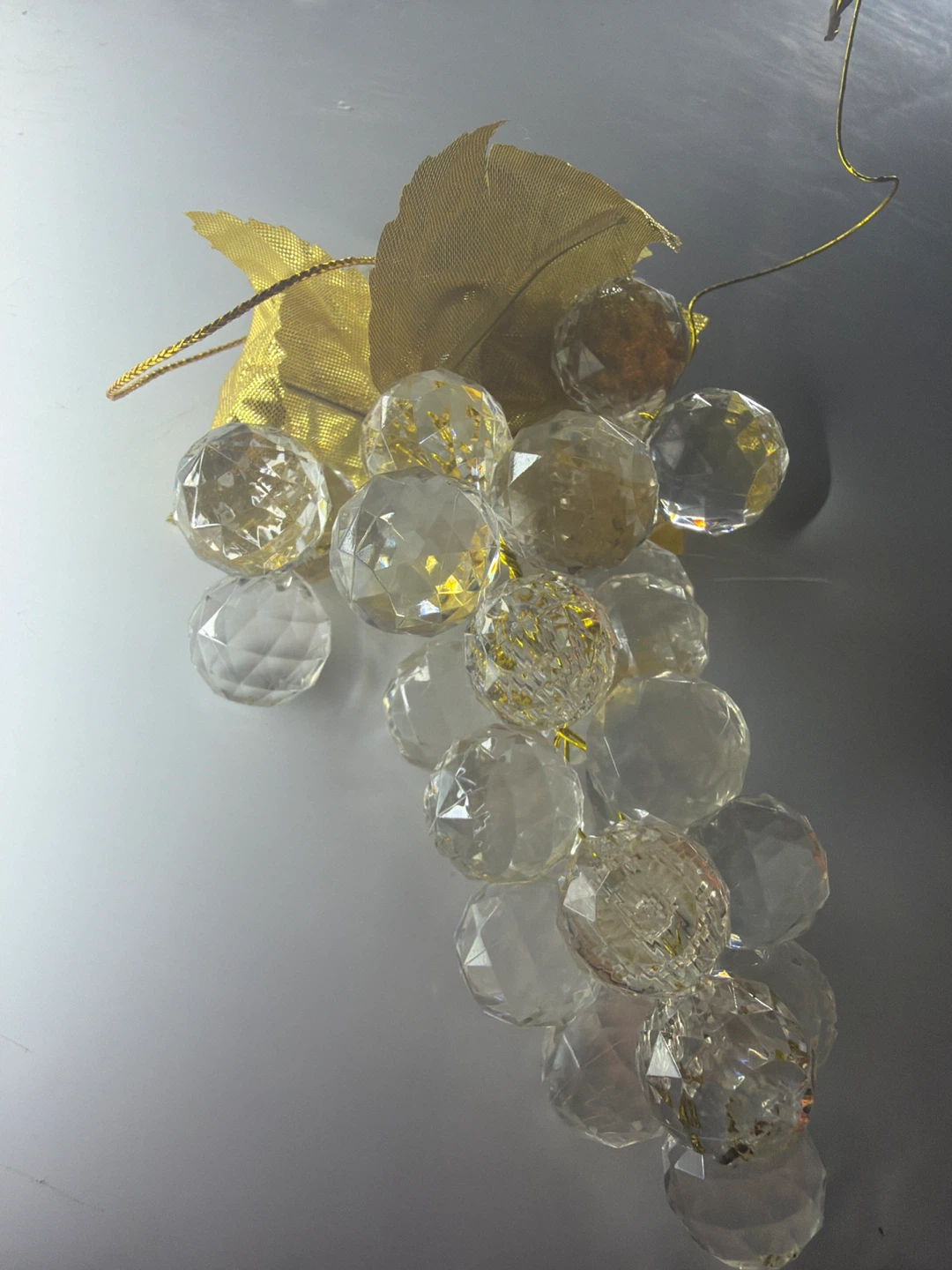4 x Crystal Clear Lucite Grape Ornament with gold tone leaves
