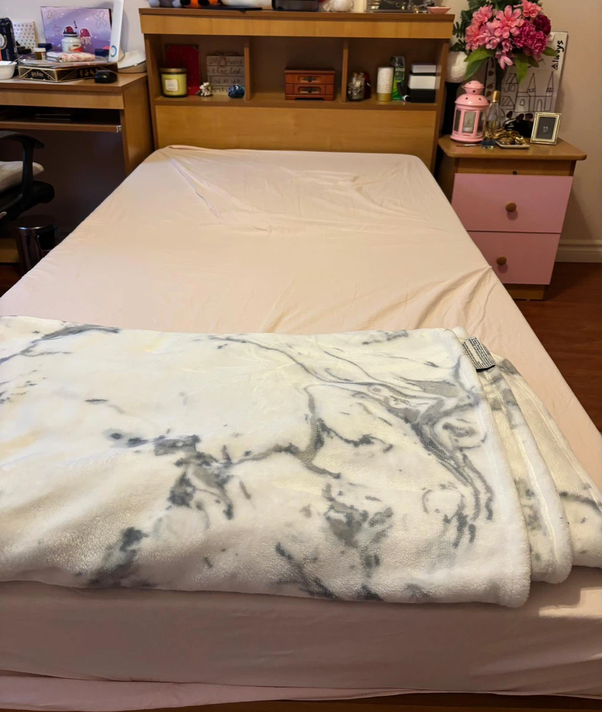 Twin bed set with night table, study desk, and mattress