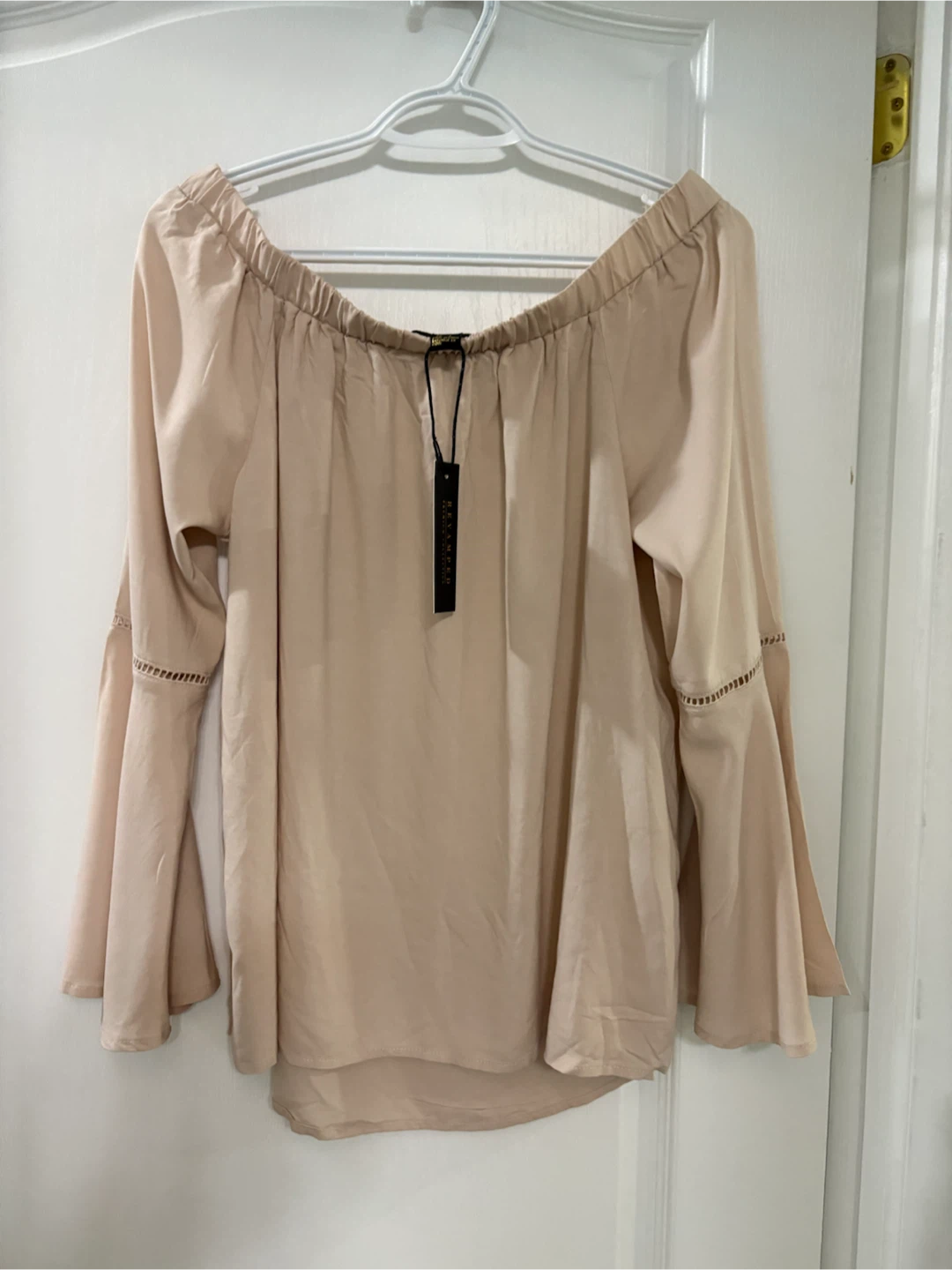 BNWT Revamped Beige Off-Shoulder Bell Sleeve Top