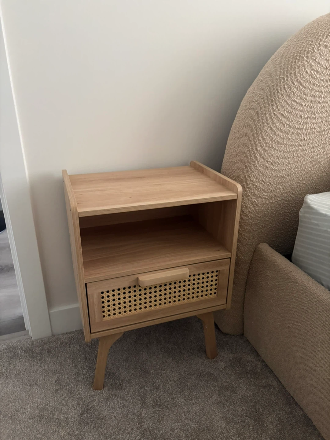 Light Oak Bedside Table with Rattan Drawer