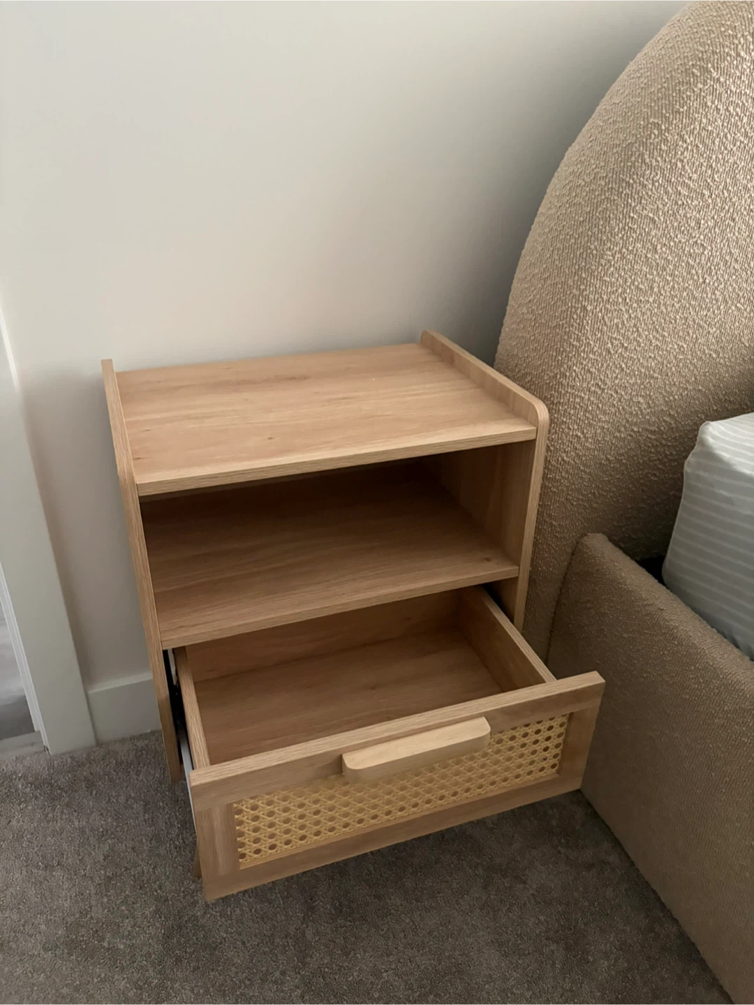 Light Oak Bedside Table with Rattan Drawer - photo 2