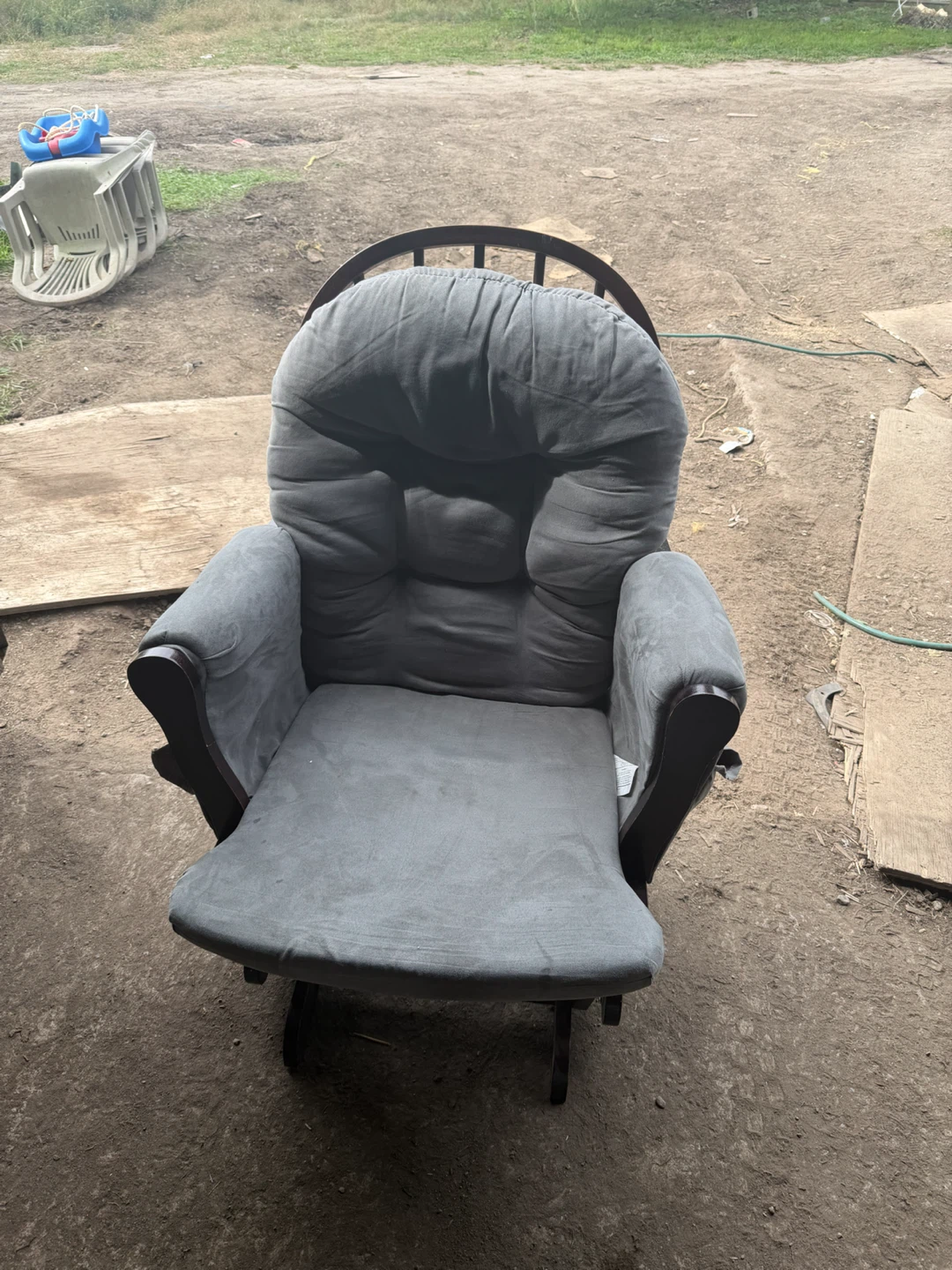 Dark Wood Nursery Glider Chair with Grey Cushions
