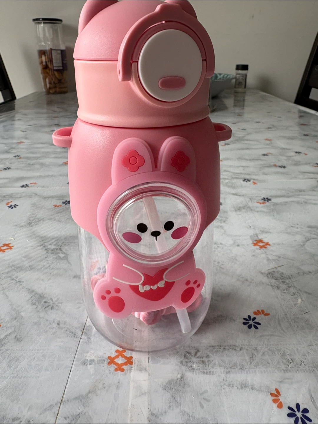 New Pink Bunny Water Bottle with Straw