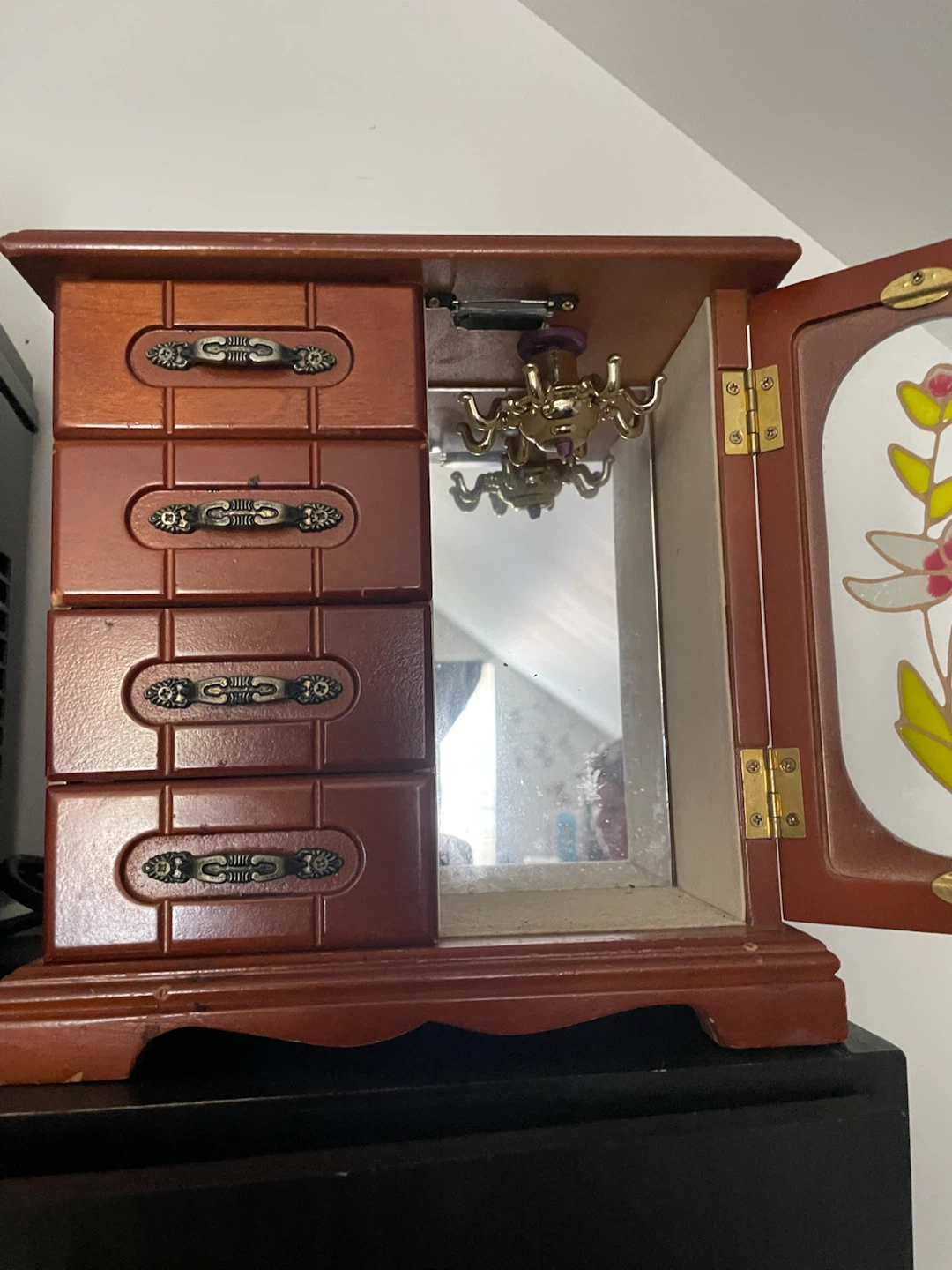 Wooden Jewelry Armoire with Floral Glass Door