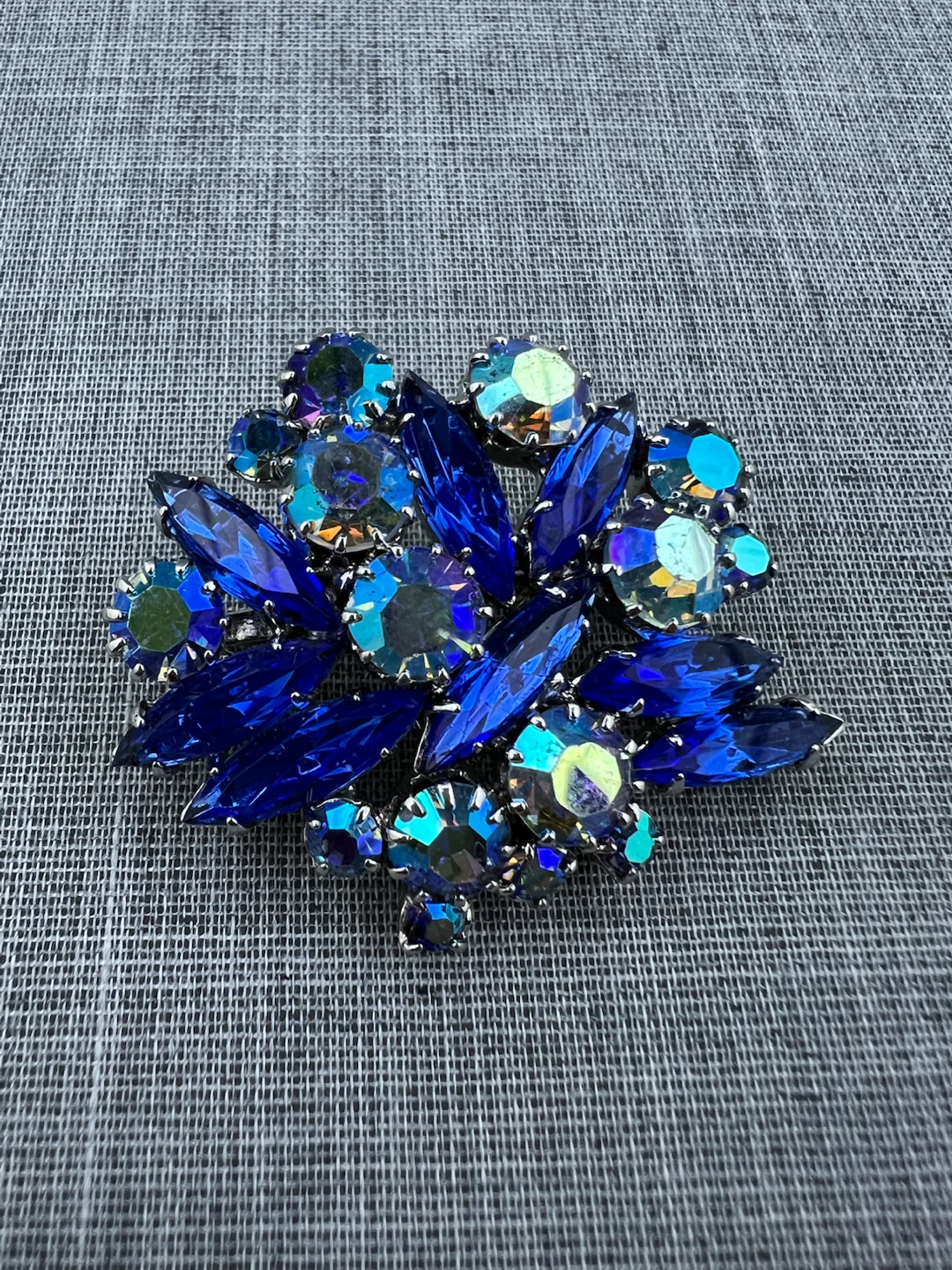Vintage Blue & Aurora Borealis Rhinestone Cluster Brooch