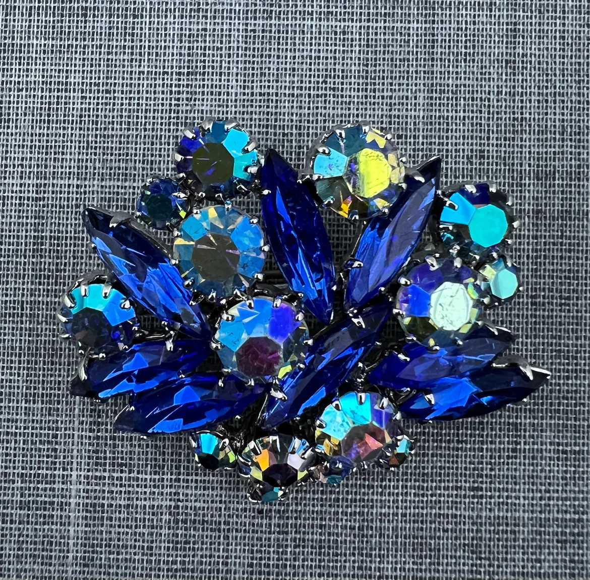 Vintage Blue & Aurora Borealis Rhinestone Cluster Brooch - photo 2