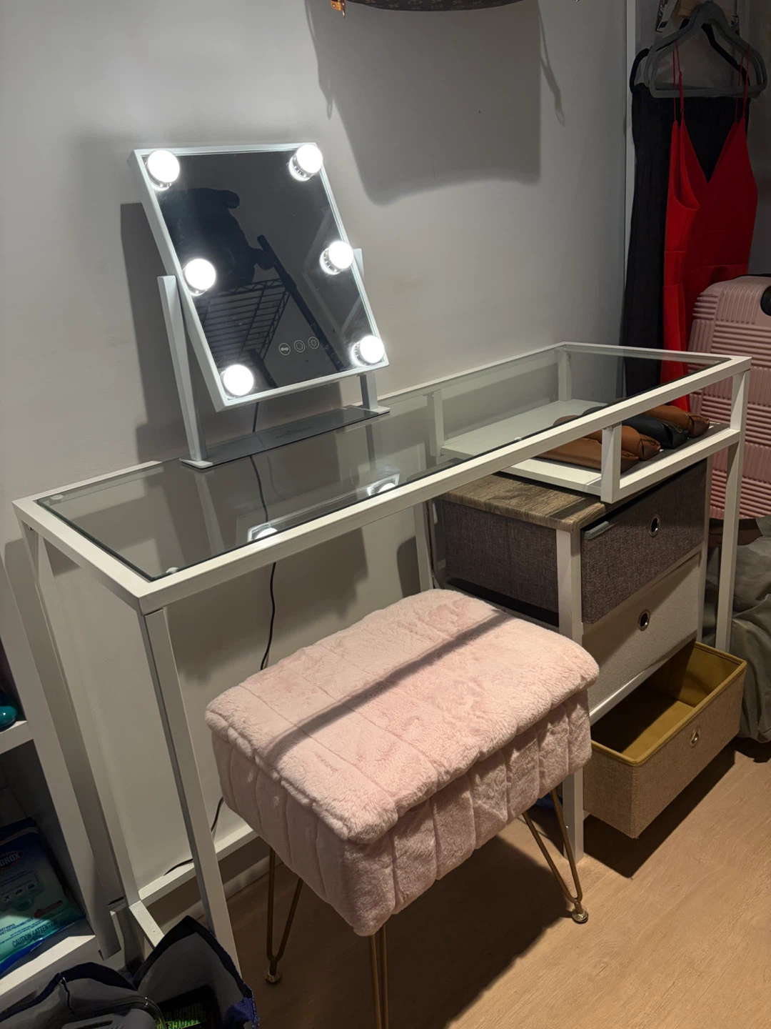 White Vanity Desk with Mirror and Faux Fur Stool