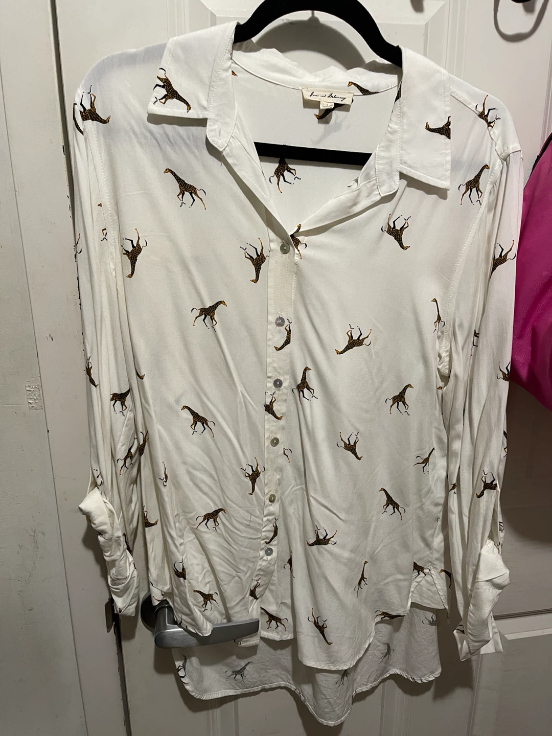 Jane and Delancey Giraffe Print Button-Down Shirt