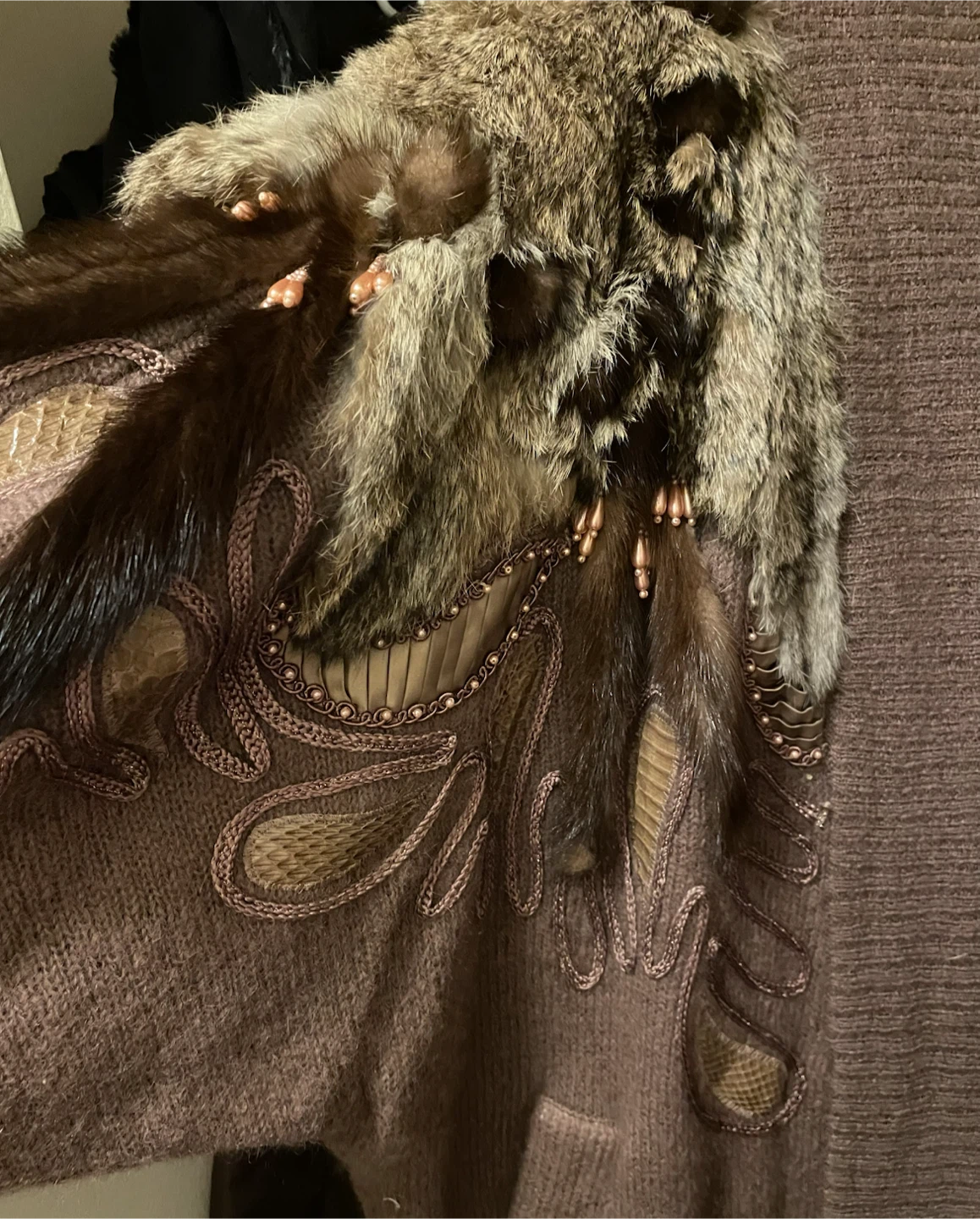 Vintage Brown Knit Cardigan with Fur and Leather Details - photo 4