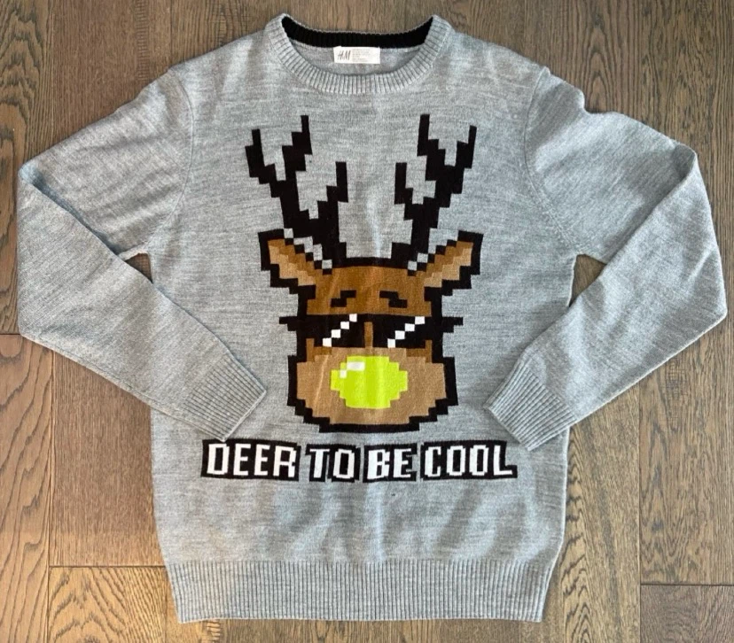 🏈 LIKE NEW H&M Boys Grey Reindeer Sweater Size 12-14Y 🏈