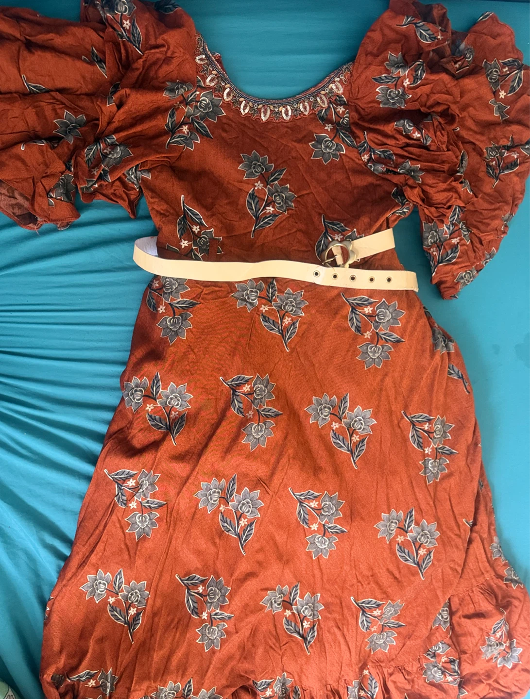 Rust Orange Floral Dress with Belt