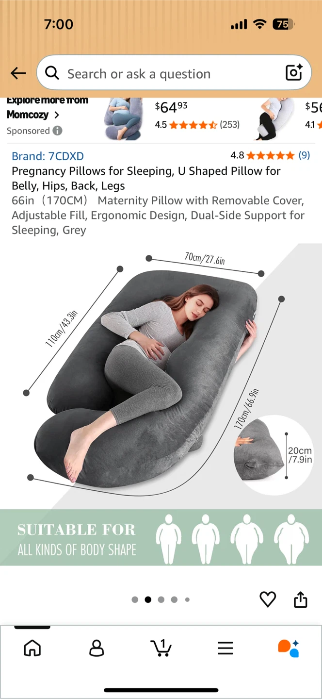 U-Shaped Maternity Pregnancy Pillow, Grey - photo 3